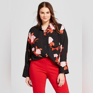 Who What Wear Black and Red Floral Button Down Shirt